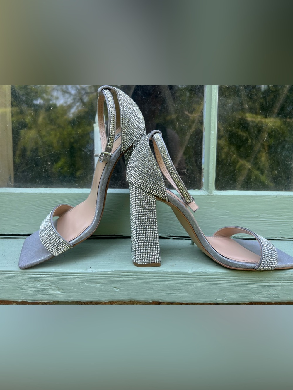 Steve Madden Tiaa Ankle Strap Block Heels Rhinestones Evening Sparkle 9M